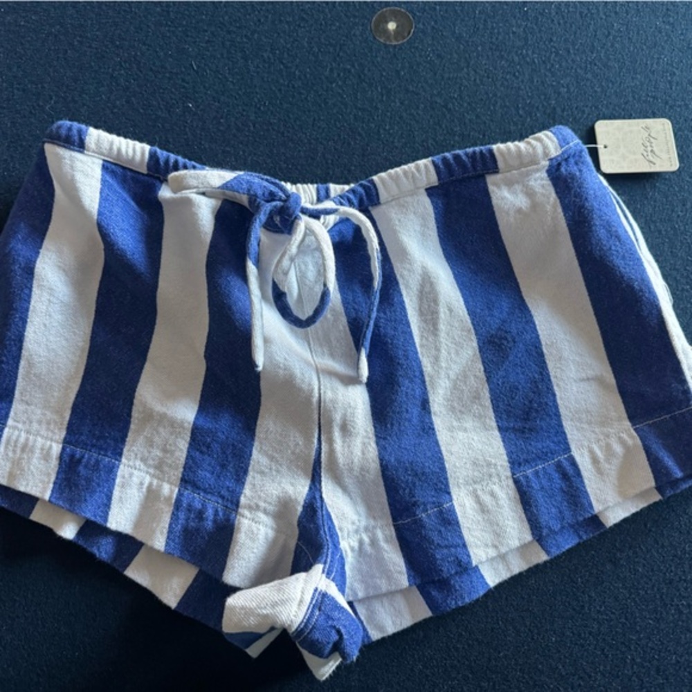 FREE PEOPLE Blue and White Striped Women's Shorts,100% cotton, tie at waist,cute